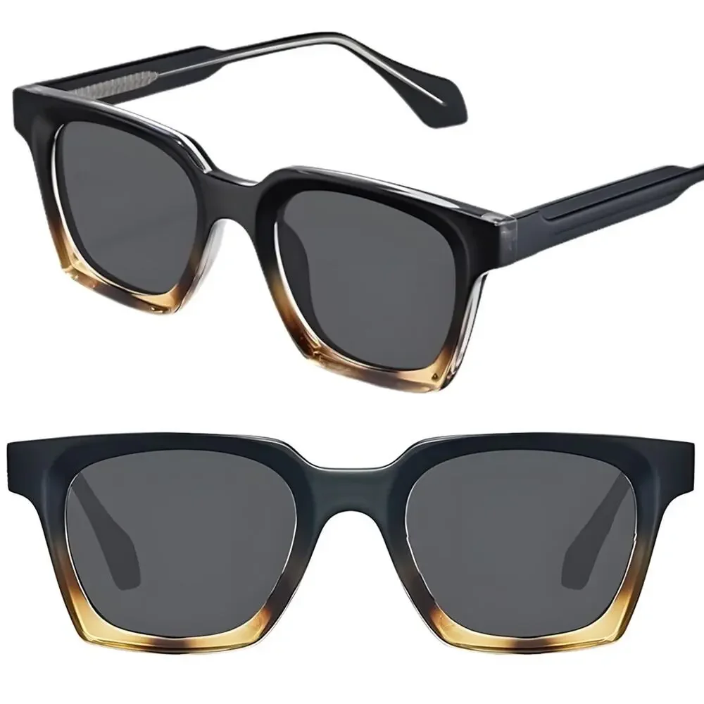 Stylish Black Amber Acetate Square Sunglasses Polarized Grey Lenses UV400 - Picture 1 of 5
